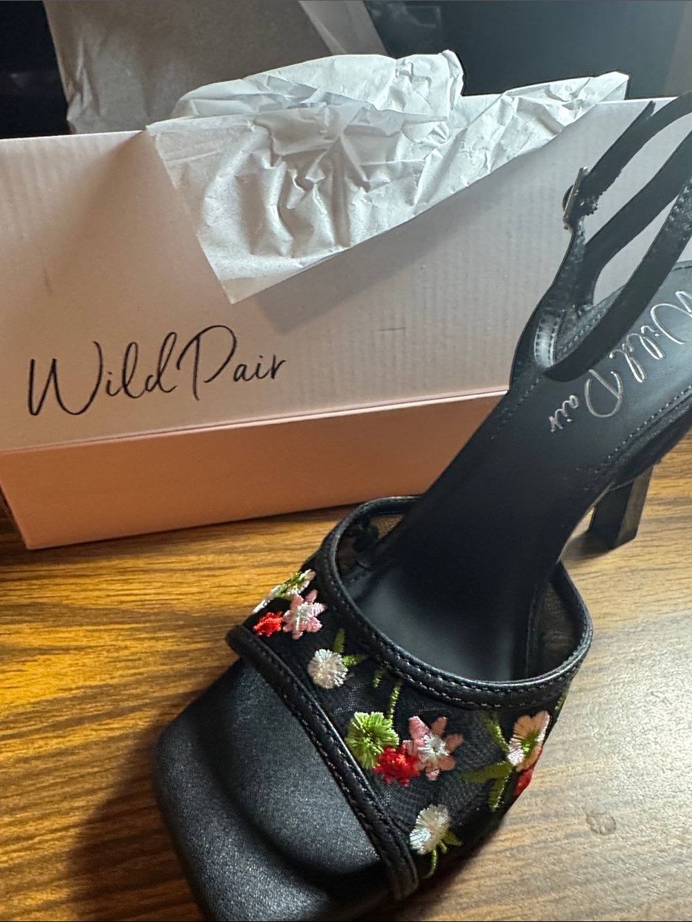 Wild Pair Black Embroidered Floral Slingback Heels